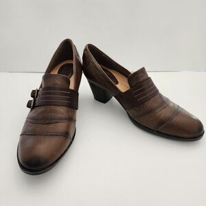Earth Shoes Fir Pump‎ Bootie Heels Double Monk Taupe Brown Leather size 10 B